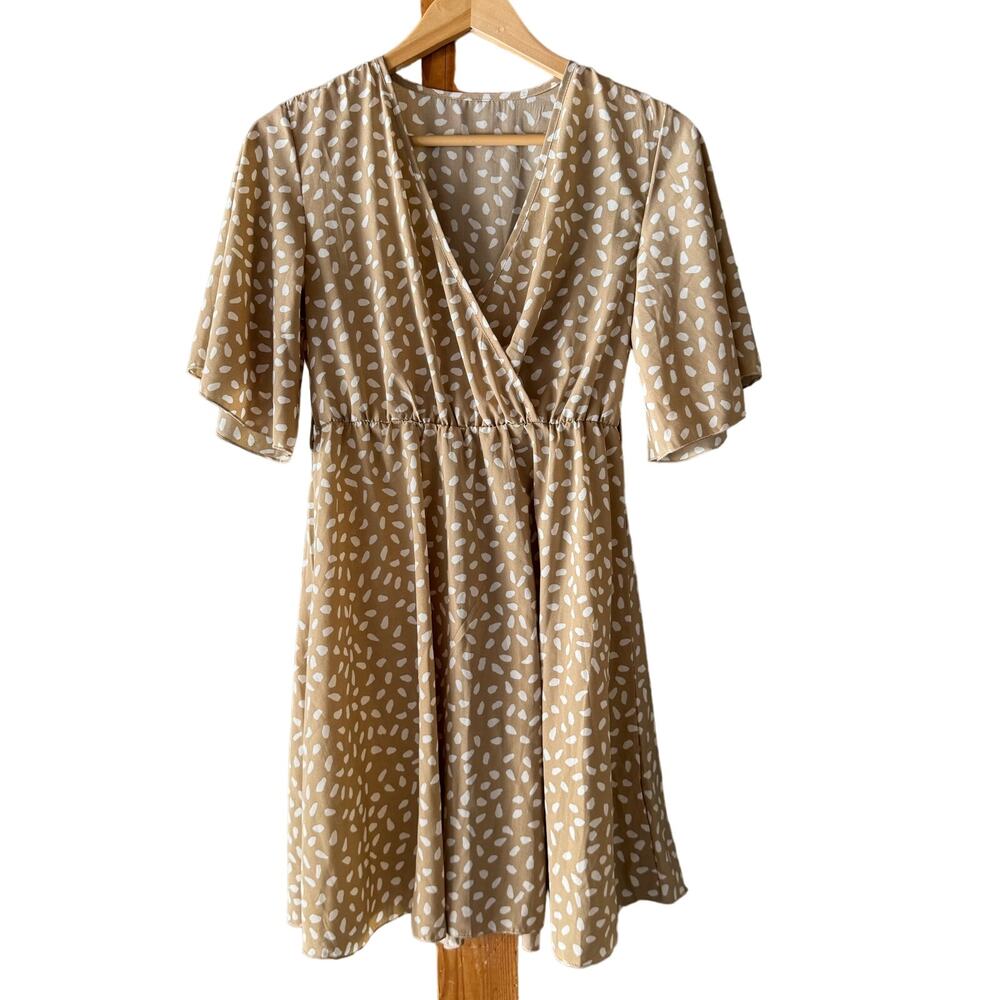 Cottage Boho Short Sleeve Faux Wrap Midi Dress Beige w White Geometric Pattern S